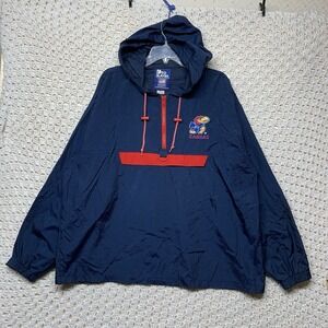 Kansas University Jayhawks Hooded Windbreaker Jacket Sz L Blue 1/4 Zip Pro Playr